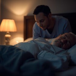 caregiver che sorveglia un uomo anziano che dorme nel suo letto di notte caregiver che sorveglia un uomo anziano che dorme nel suo letto di notte